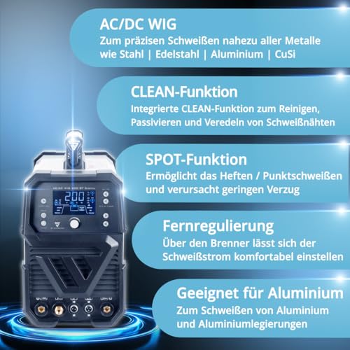 STAHLWERK Schweißgerät 2 in 1 Kombi AC/DC WIG 200 ST Digital - WIG & MMA 200 A, HF-Zündung, Spot-Funktion, Clean-Modus, IGBT, Digital-Display & Remote-Anschluss – Bild 3