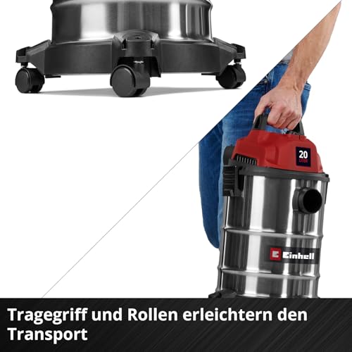 Einhell Nass-Trockensauger TC-VC 2045 S (900 W, 180 mbar Saugleistung, 20 L Edelstahlbehälter, Rollen, Zubehörhalterung, inkl. div. Filter und Düsen) – Bild 6