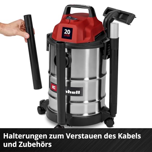 Einhell Nass-Trockensauger TC-VC 2045 S (900 W, 180 mbar Saugleistung, 20 L Edelstahlbehälter, Rollen, Zubehörhalterung, inkl. div. Filter und Düsen) – Bild 7
