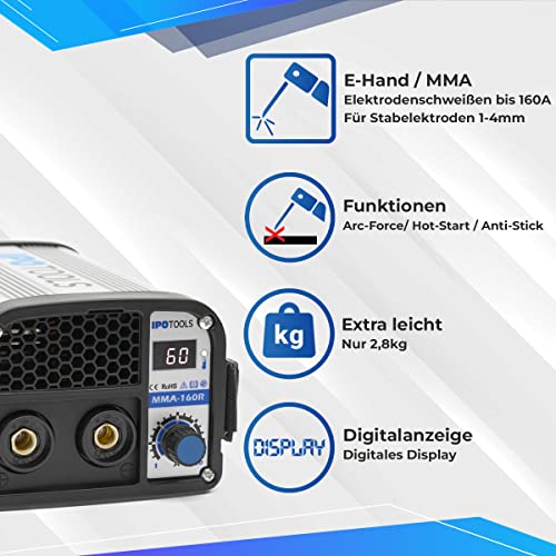 IPOTOOLS MMA-160R Elektroden Schweißgerät - IGBT Inverter Schweissgerät MMA/E-Hand mit 160 Amper/Digitale LCD Anzeige / 230V / Anti-Stick / Hot-Start / Arc-Force / Schutzschild / 7 Jahre Garantie – Bild 4