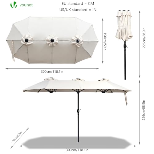 VOUNOT Doppelsonnenschirm mit Handkurbel, Sonnenschirm Marktschirm Gartenschirm Terrassenschirm, Sonnenschutz, 150 x 300 cm, Beige – Bild 2