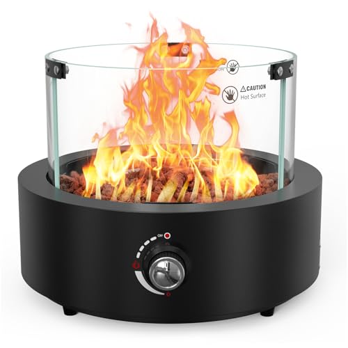 onlyfire Rund Gas Tischkamin, Tischfeuer mit Glaswindschutz, Lavastein und Hinterem Lufteinlass, Tragbare Kamine für Indoor & Outdoor, Propan Gas Feuerstelle, Ambientebeleuchtungen