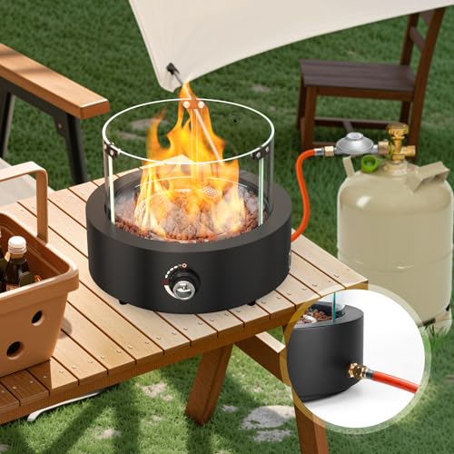onlyfire Rund Gas Tischkamin, Tischfeuer mit Glaswindschutz, Lavastein und Hinterem Lufteinlass, Tragbare Kamine für Indoor & Outdoor, Propan Gas Feuerstelle, Ambientebeleuchtungen – Bild 7