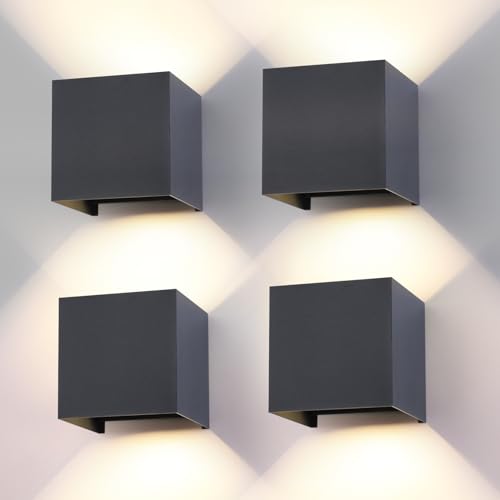 4 Stück 15W LED Wandleuchte Aussen Innen Einstellbare 3 Lichtfarben IP65 Wasserdicht Wandlampe Aussen Außenwandleuchten Aluminium Wandleuchte Einstellbar Abstrahlwinkel Quadratisch 11CM Anthrazit