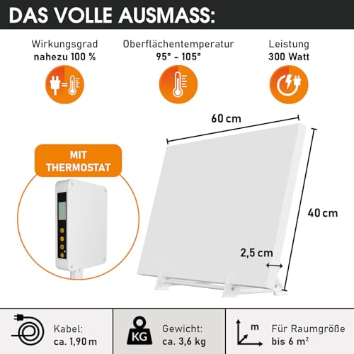 BRAST® Infrarotheizung mit Thermostat | 300-1100 Watt | Made in Europe | Inkl. Wandhalterung Standsystem Griff | hoher Wirkungsgrad | Flexibler Einsatz | Ultraflache Bauweise | IP-TH 300 – Bild 2