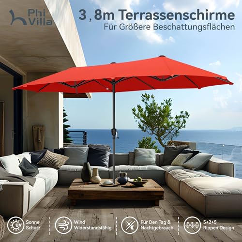 PHI VILLA Sonnenschirm Rechteckig Groß 200×380cm für Garten Terrasse Gartenschirm mit Kurbel UV Schutz Parasol Windfest, Orangerot – Bild 2