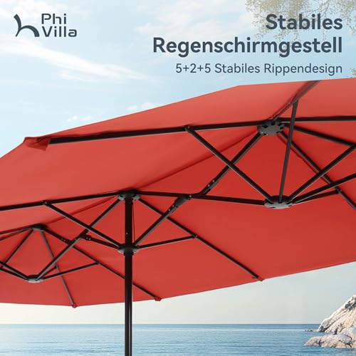 PHI VILLA Sonnenschirm Rechteckig Groß 200×380cm für Garten Terrasse Gartenschirm mit Kurbel UV Schutz Parasol Windfest, Orangerot – Bild 4