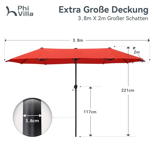 PHI VILLA Sonnenschirm Rechteckig Groß 200×380cm für Garten Terrasse Gartenschirm mit Kurbel UV Schutz Parasol Windfest, Orangerot – Bild 6