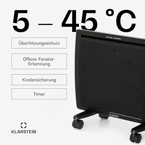Klarstein Hot Spot Slimcurve Double 2-in-1 Heizgerät - Konvektions- und Infrarotheizung, Überhitzungsschutz, Wochentimer, Wandmontage oder Standgerät mit 2 Rollfüßen, Stahlblech, 1000 W, schwarz – Bild 4