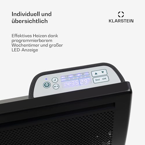 Klarstein Hot Spot Slimcurve Double 2-in-1 Heizgerät - Konvektions- und Infrarotheizung, Überhitzungsschutz, Wochentimer, Wandmontage oder Standgerät mit 2 Rollfüßen, Stahlblech, 1000 W, schwarz – Bild 5