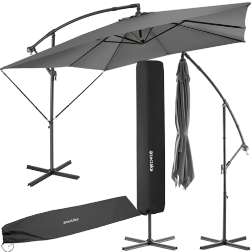 tectake® Sonnenschirm rechteckig mit Schutzhülle und Kurbel, Ampelschirm wasserabweisend, Sonnenschutz Terrasse, Garten und Patio, Balkon Sonnenschirm groß, Marktschirm, Ø250cm - hellgrau