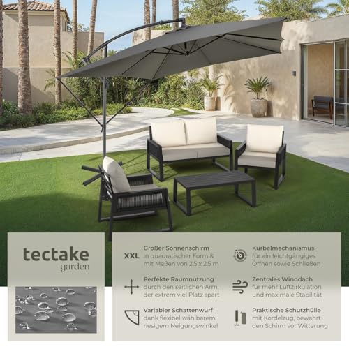 tectake® Sonnenschirm rechteckig mit Schutzhülle und Kurbel, Ampelschirm wasserabweisend, Sonnenschutz Terrasse, Garten und Patio, Balkon Sonnenschirm groß, Marktschirm, Ø250cm - hellgrau – Bild 2