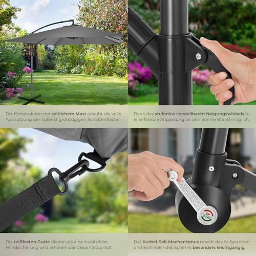 tectake® Sonnenschirm rechteckig mit Schutzhülle und Kurbel, Ampelschirm wasserabweisend, Sonnenschutz Terrasse, Garten und Patio, Balkon Sonnenschirm groß, Marktschirm, Ø250cm - hellgrau – Bild 4