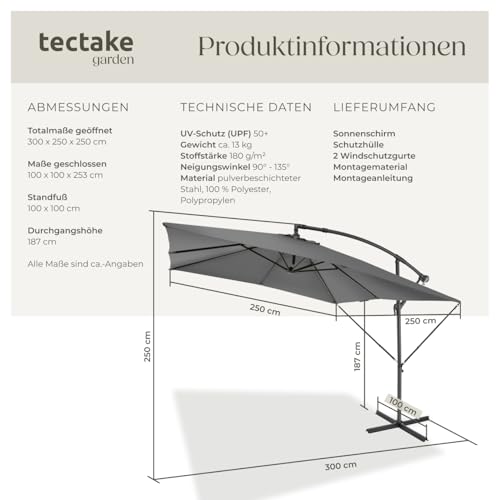 tectake® Sonnenschirm rechteckig mit Schutzhülle und Kurbel, Ampelschirm wasserabweisend, Sonnenschutz Terrasse, Garten und Patio, Balkon Sonnenschirm groß, Marktschirm, Ø250cm - hellgrau – Bild 6