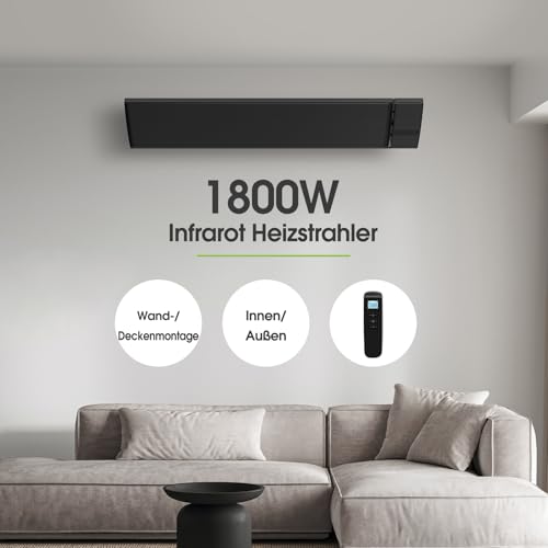 Infrarot Heizstrahler, Infrarotstrahler 1800 Watt, Infrarotheizung mit Thermostat, Elektroheizung mit WiFi App Steuerung Fernbedienung, Infarotheizstrahler Wand- & Deckenmontage, Terrasse & Garten – Bild 6