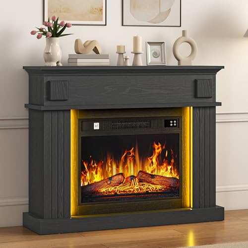 TAUS Elektrokamin mit Heizung, Elektro Kamin mit LED 3D-Flammeneffekt Elektrischer Kamin Standkamin mit LED-Ambientelicht, Timer, Thermostat, Fernbedienung (Schwarz)