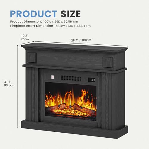 TAUS Elektrokamin mit Heizung, Elektro Kamin mit LED 3D-Flammeneffekt Elektrischer Kamin Standkamin mit LED-Ambientelicht, Timer, Thermostat, Fernbedienung (Schwarz) – Bild 2