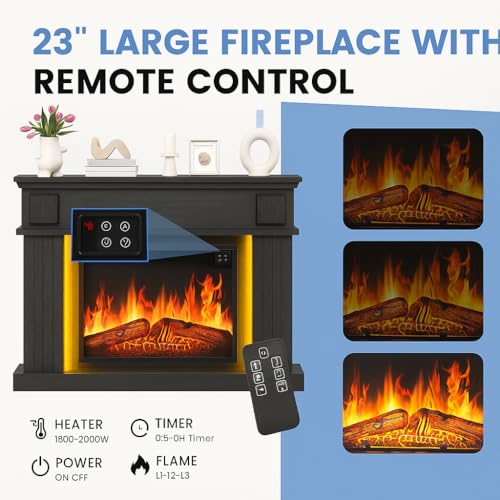 TAUS Elektrokamin mit Heizung, Elektro Kamin mit LED 3D-Flammeneffekt Elektrischer Kamin Standkamin mit LED-Ambientelicht, Timer, Thermostat, Fernbedienung (Schwarz) – Bild 4