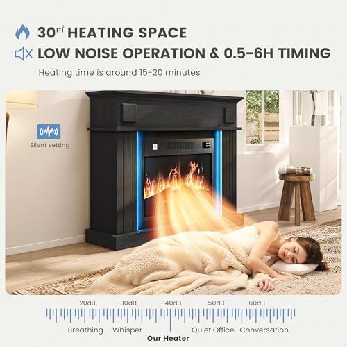 TAUS Elektrokamin mit Heizung, Elektro Kamin mit LED 3D-Flammeneffekt Elektrischer Kamin Standkamin mit LED-Ambientelicht, Timer, Thermostat, Fernbedienung (Schwarz) – Bild 5