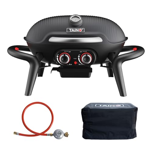 TAINO KENAI Gasgrill Set Abdeckhaube Gasruckregler Tischgrill Balkongrill Gas Outdoorküche Thermometer Aluguss Schwarz Camping