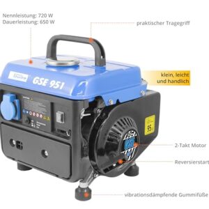 Alternative view of Güde Stromerzeuger GSE 951 (2-Takt Motor, Benzin, 1/1,36 (kW/PS), 1x 230 V Steckdose, max. 720 W, Laufzeit bis 7,5 h, Tank 3,8 l, Reversierstart, Tragegriff, Gewicht 15,85 kg)