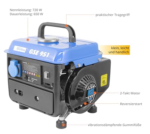 Güde Stromerzeuger GSE 951 (2-Takt Motor, Benzin, 1/1,36 (kW/PS), 1x 230 V Steckdose, max. 720 W, Laufzeit bis 7,5 h, Tank 3,8 l, Reversierstart, Tragegriff, Gewicht 15,85 kg) – Bild 2