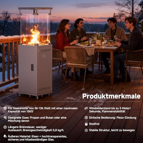 Obqer Gas-Heizpilz Für Terrasse – 5-13 KW, Mit 360° Rollen, Piezozündung, Kippschutz, Edelstahl & Glas – Für Außengastronomie Und Garten Obqer Gas-Heizpilz Für Terrasse – 5-13 KW, Mit 360° Rollen, Piezozündung, Kippschutz, Edelstahl & Glas – Für Außengastronomie Und Garten