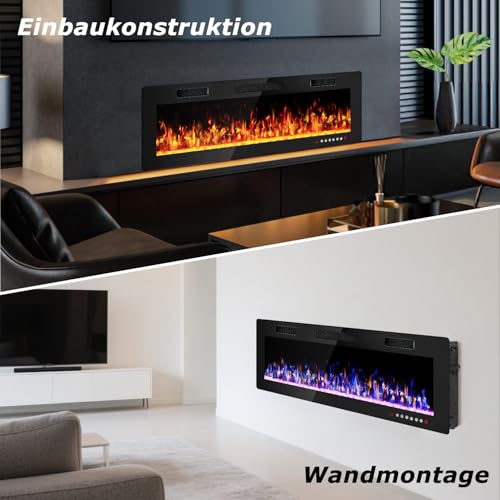 Waleaf Elektrokamin, 127 cm Elektrischer Kamin mit Heizung, 3D-Flammeneffekt, 12 Flammenfarben, Wandkamin und Einbaukamin mit Fernbedienung für Wohnzimmer & Innenräume, 1500W, Schwarz – Bild 2