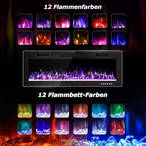 Waleaf Elektrokamin, 127 cm Elektrischer Kamin mit Heizung, 3D-Flammeneffekt, 12 Flammenfarben, Wandkamin und Einbaukamin mit Fernbedienung für Wohnzimmer & Innenräume, 1500W, Schwarz – Bild 3