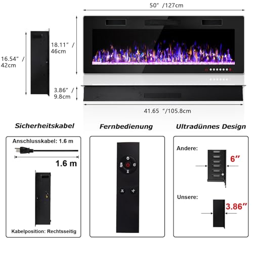 Waleaf Elektrokamin, 127 cm Elektrischer Kamin mit Heizung, 3D-Flammeneffekt, 12 Flammenfarben, Wandkamin und Einbaukamin mit Fernbedienung für Wohnzimmer & Innenräume, 1500W, Schwarz – Bild 5