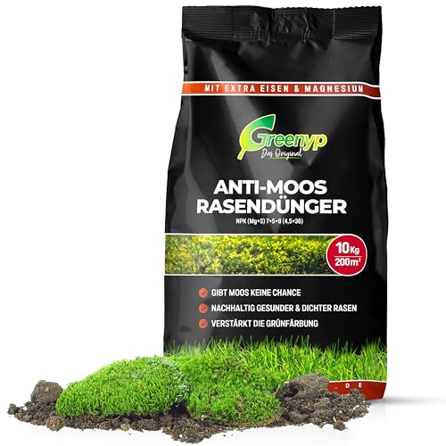 Greenyp Anti Moos Rasendünger I 2in1 Rasen- & Eisendünger 20kg für 400m² | Für Rasenflächen mit Moos | Rasendünger Eisensulfat granuliert, streuwagengeeignet und staubarm für Frühjahr bis Spätsommer