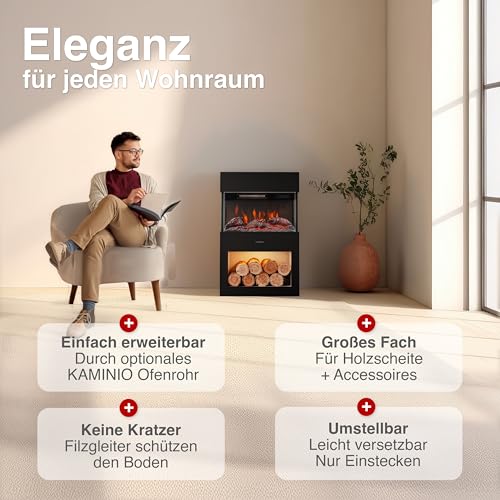 KAMINIO Elektrokamin Henri - Elektrischer Kaminofen mit Heizung, 3D-Flammeneffekt, Holzfach, LED-Ambientelicht, Fernbedienung (Schwarz) – Bild 2