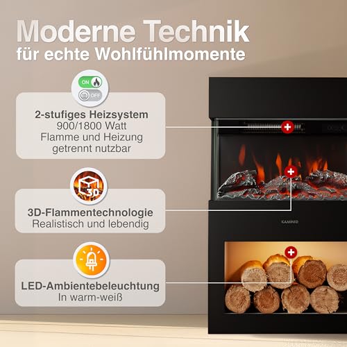 KAMINIO Elektrokamin Henri - Elektrischer Kaminofen mit Heizung, 3D-Flammeneffekt, Holzfach, LED-Ambientelicht, Fernbedienung (Schwarz) – Bild 3