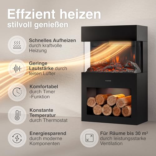 KAMINIO Elektrokamin Henri - Elektrischer Kaminofen mit Heizung, 3D-Flammeneffekt, Holzfach, LED-Ambientelicht, Fernbedienung (Schwarz) – Bild 4