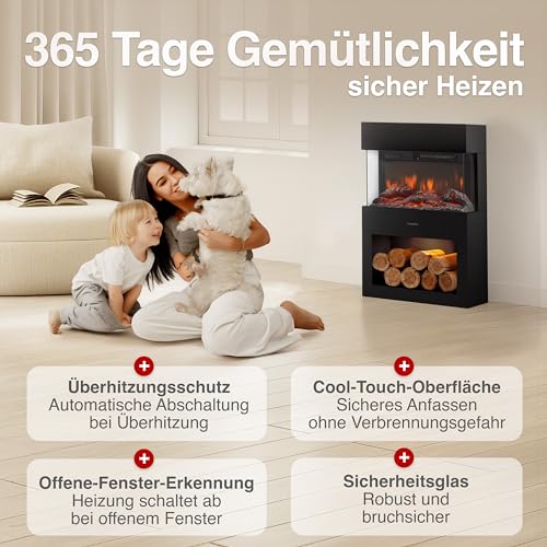 KAMINIO Elektrokamin Henri - Elektrischer Kaminofen mit Heizung, 3D-Flammeneffekt, Holzfach, LED-Ambientelicht, Fernbedienung (Schwarz) – Bild 5