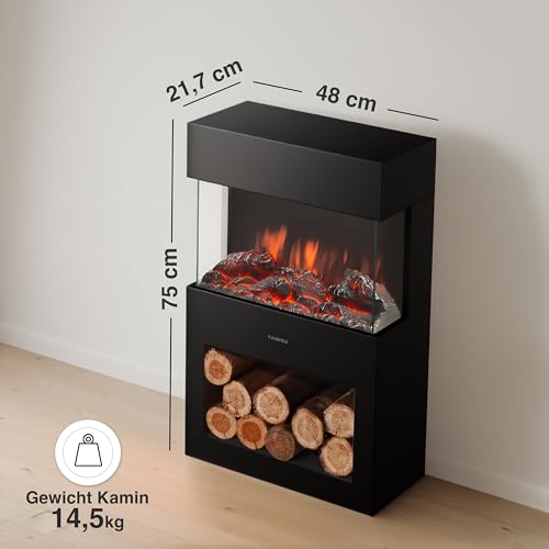 KAMINIO Elektrokamin Henri - Elektrischer Kaminofen mit Heizung, 3D-Flammeneffekt, Holzfach, LED-Ambientelicht, Fernbedienung (Schwarz) – Bild 6