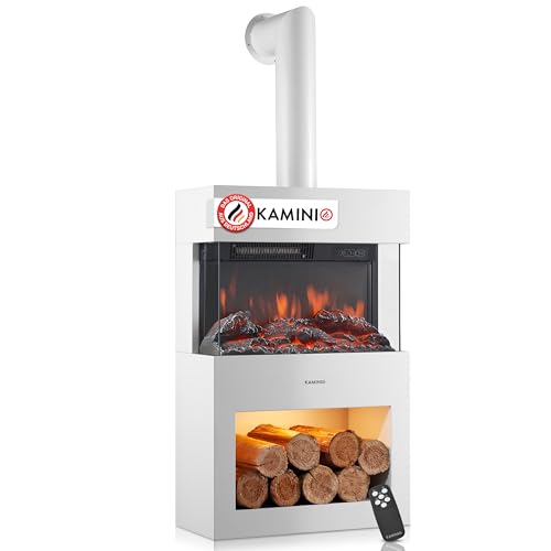 KAMINIO Elektrokamin Henri mit Ofenrohr - Elektrischer Kaminofen mit Heizung, 3D-Flammeneffekt, Holzfach, LED-Ambientelicht, Fernbedienung (Weiß)