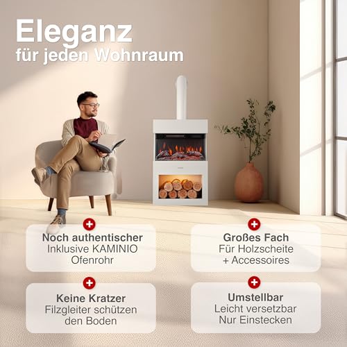 KAMINIO Elektrokamin Henri mit Ofenrohr - Elektrischer Kaminofen mit Heizung, 3D-Flammeneffekt, Holzfach, LED-Ambientelicht, Fernbedienung (Weiß) – Bild 2