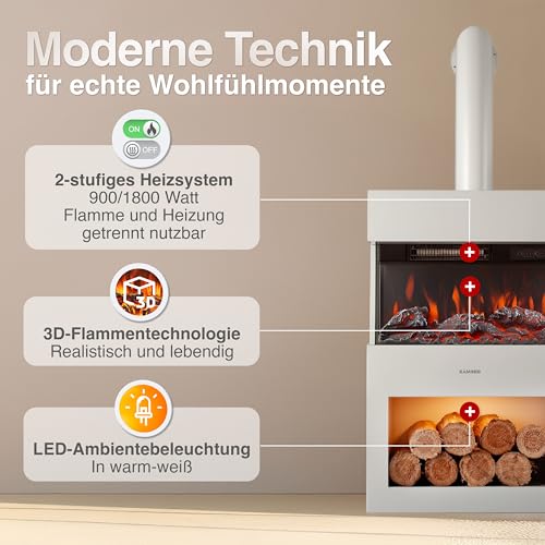 KAMINIO Elektrokamin Henri mit Ofenrohr - Elektrischer Kaminofen mit Heizung, 3D-Flammeneffekt, Holzfach, LED-Ambientelicht, Fernbedienung (Weiß) – Bild 3
