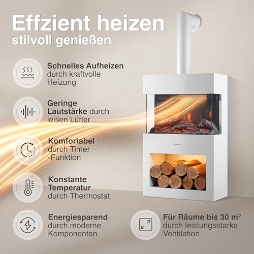 KAMINIO Elektrokamin Henri mit Ofenrohr - Elektrischer Kaminofen mit Heizung, 3D-Flammeneffekt, Holzfach, LED-Ambientelicht, Fernbedienung (Weiß) – Bild 4