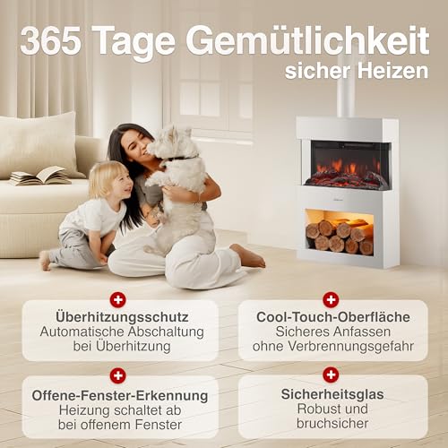 KAMINIO Elektrokamin Henri mit Ofenrohr - Elektrischer Kaminofen mit Heizung, 3D-Flammeneffekt, Holzfach, LED-Ambientelicht, Fernbedienung (Weiß) – Bild 5