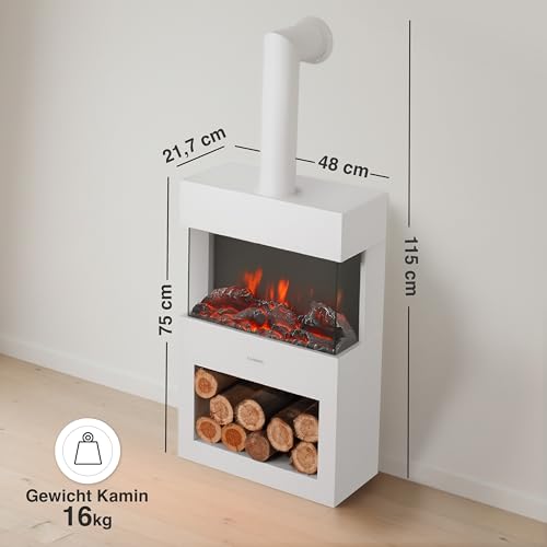 KAMINIO Elektrokamin Henri mit Ofenrohr - Elektrischer Kaminofen mit Heizung, 3D-Flammeneffekt, Holzfach, LED-Ambientelicht, Fernbedienung (Weiß) – Bild 6