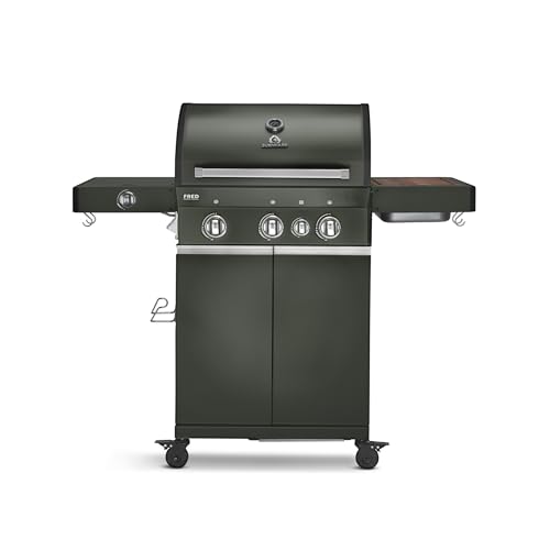 BURNHARD® Gasgrill 3-Brenner inkl. BACKBURNER, 900°C Infrarot-Keramikbrenner, Seitenkochfeld, Gusseisen-Grillrost, Grillabdeckung, Grillwagen, klappbare Seitentische – FRED GREEN