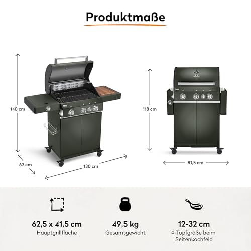 BURNHARD® Gasgrill 3-Brenner inkl. BACKBURNER, 900°C Infrarot-Keramikbrenner, Seitenkochfeld, Gusseisen-Grillrost, Grillabdeckung, Grillwagen, klappbare Seitentische – FRED GREEN – Bild 2
