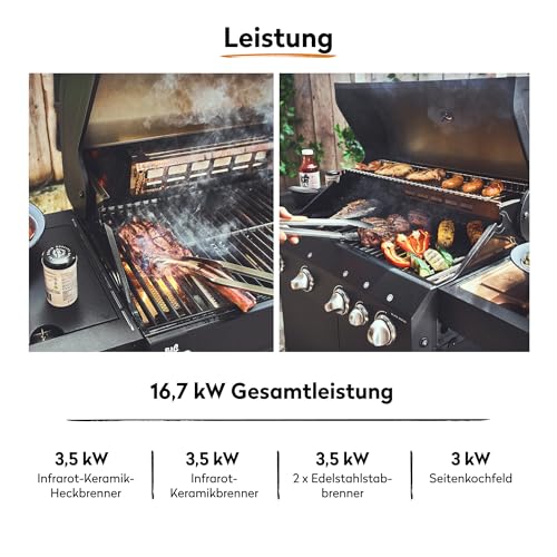 BURNHARD® Gasgrill 3-Brenner inkl. BACKBURNER, 900°C Infrarot-Keramikbrenner, Seitenkochfeld, Gusseisen-Grillrost, Grillabdeckung, Grillwagen, klappbare Seitentische – FRED GREEN – Bild 5