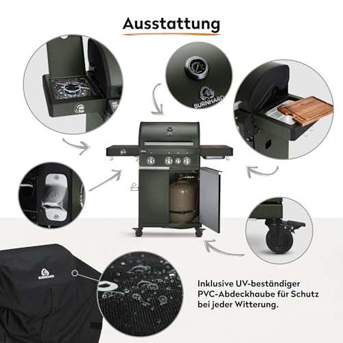 BURNHARD® Gasgrill 3-Brenner inkl. BACKBURNER, 900°C Infrarot-Keramikbrenner, Seitenkochfeld, Gusseisen-Grillrost, Grillabdeckung, Grillwagen, klappbare Seitentische – FRED GREEN – Bild 6