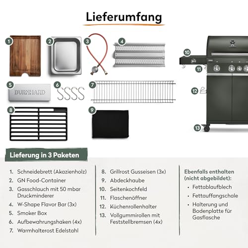 BURNHARD® Gasgrill 3-Brenner inkl. BACKBURNER, 900°C Infrarot-Keramikbrenner, Seitenkochfeld, Gusseisen-Grillrost, Grillabdeckung, Grillwagen, klappbare Seitentische – FRED GREEN – Bild 7