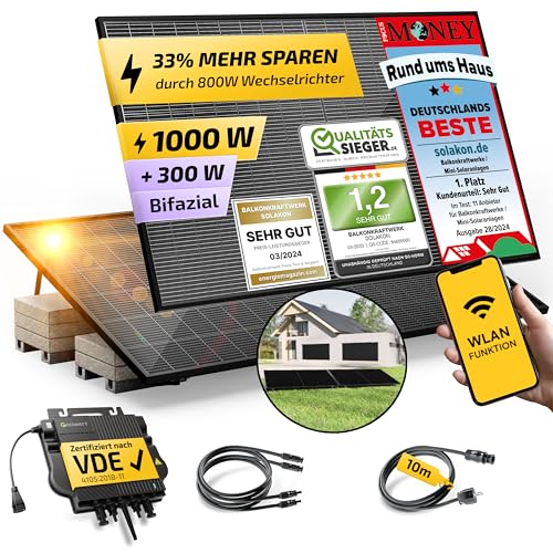 Solakon® 1000W Balkonkraftwerk mit Halterung (Flachdach) - Balkonkraftwerk 800W komplett Steckdose - 800 Watt Wechselrichter - Solaranlage Komplettset - 500W bifaziale Solarmodule inkl. Zubehör