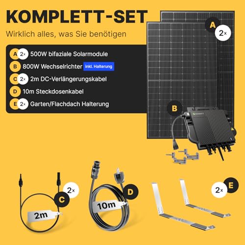 Solakon® 1000W Balkonkraftwerk mit Halterung (Flachdach) - Balkonkraftwerk 800W komplett Steckdose - 800 Watt Wechselrichter - Solaranlage Komplettset - 500W bifaziale Solarmodule inkl. Zubehör – Bild 4