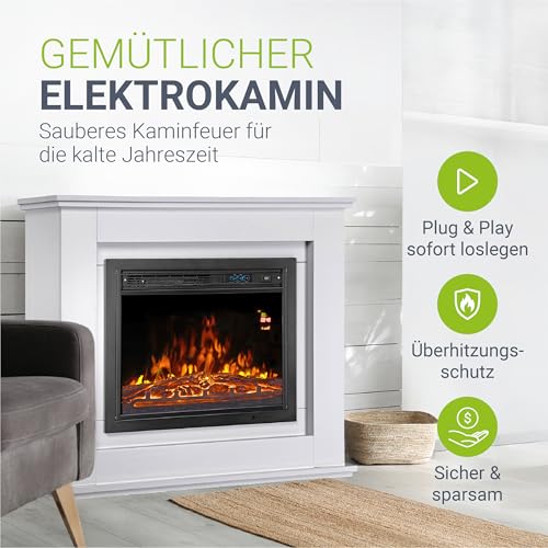 Juskys Elektrokamin 1000/2000 W mit Heizung, Kaminfeuer, Flammeneffekt, Fernbedienung, LED Beleuchtung & Timer - Elektrischer Kamin Standkamin weiß – Bild 2